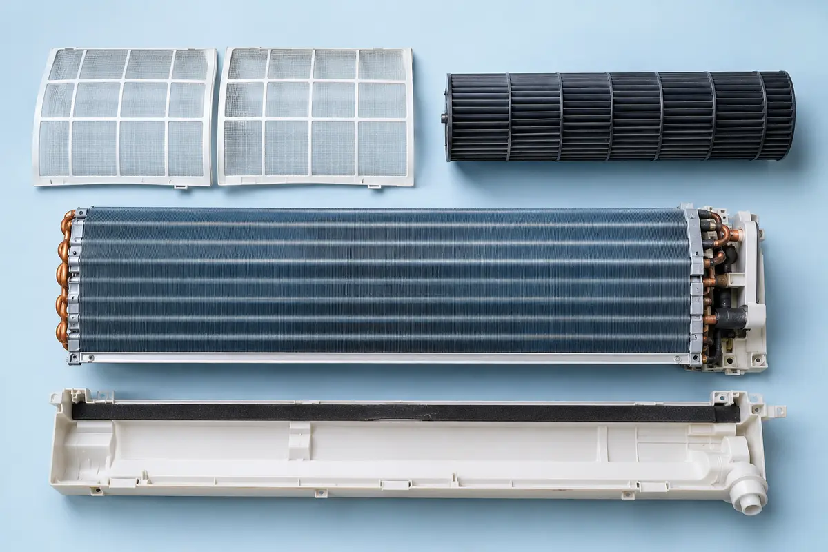 Filtres, turbine, échangeur et bac à condensats d’un climatiseur split