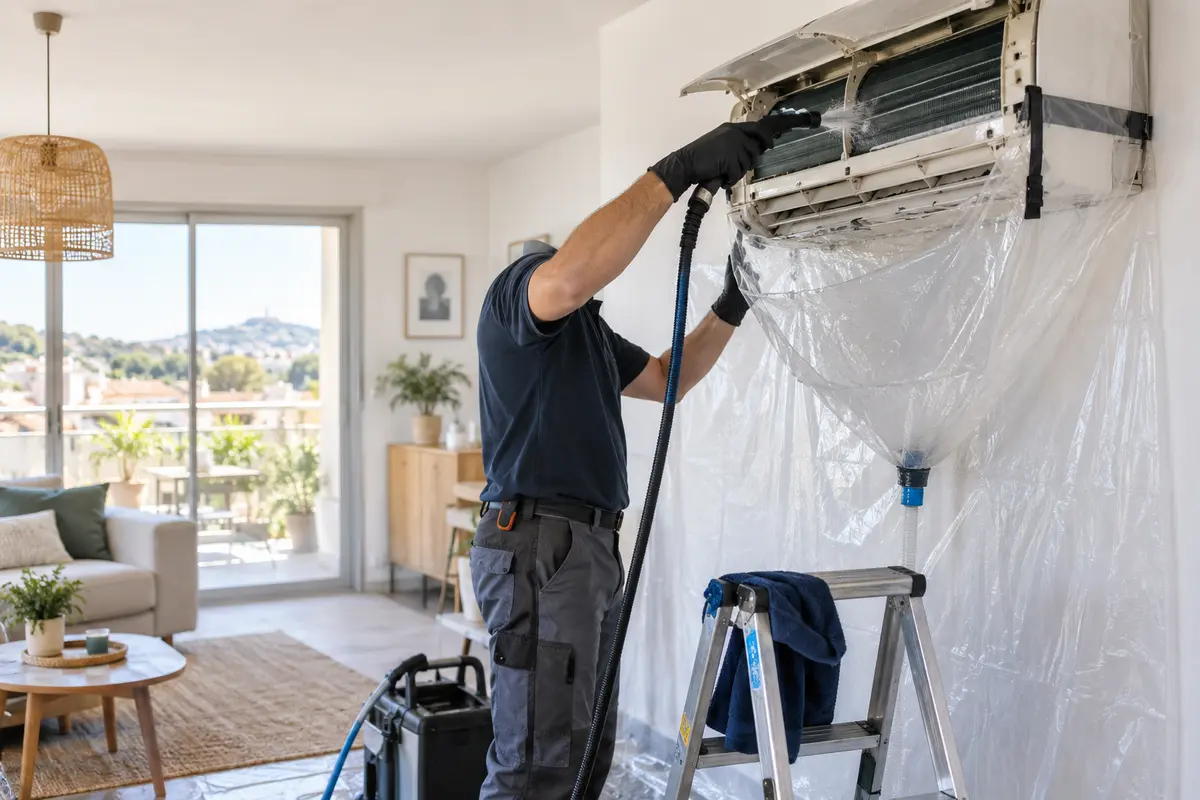 Technicien protégeant le mur pendant le nettoyage d’un climatiseur