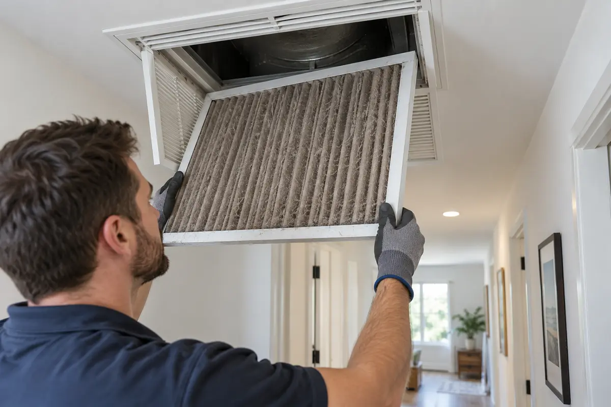 Technicien retirant un filtre encrassé derrière la grille de reprise d’une climatisation gainable