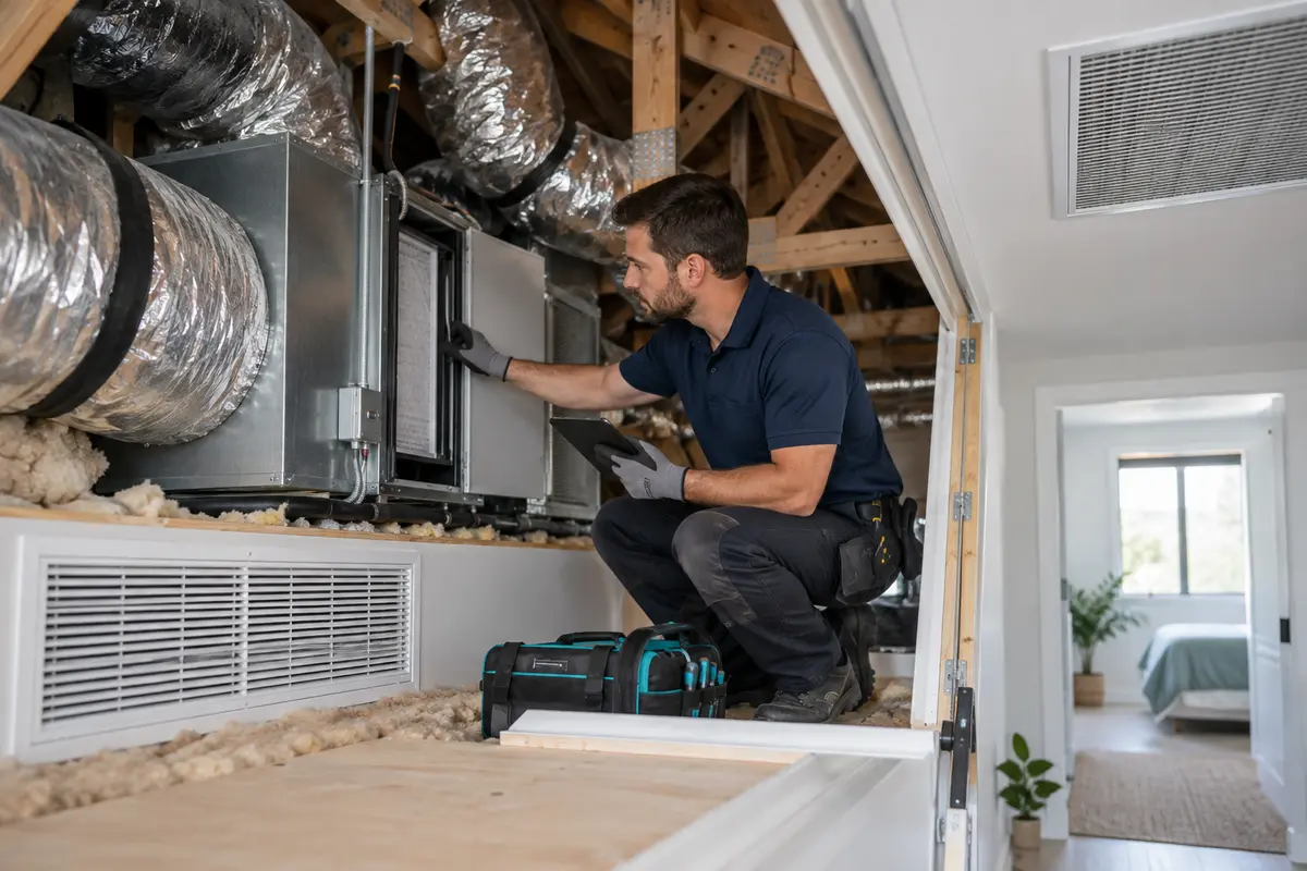 Technicien inspectant une climatisation gainable
