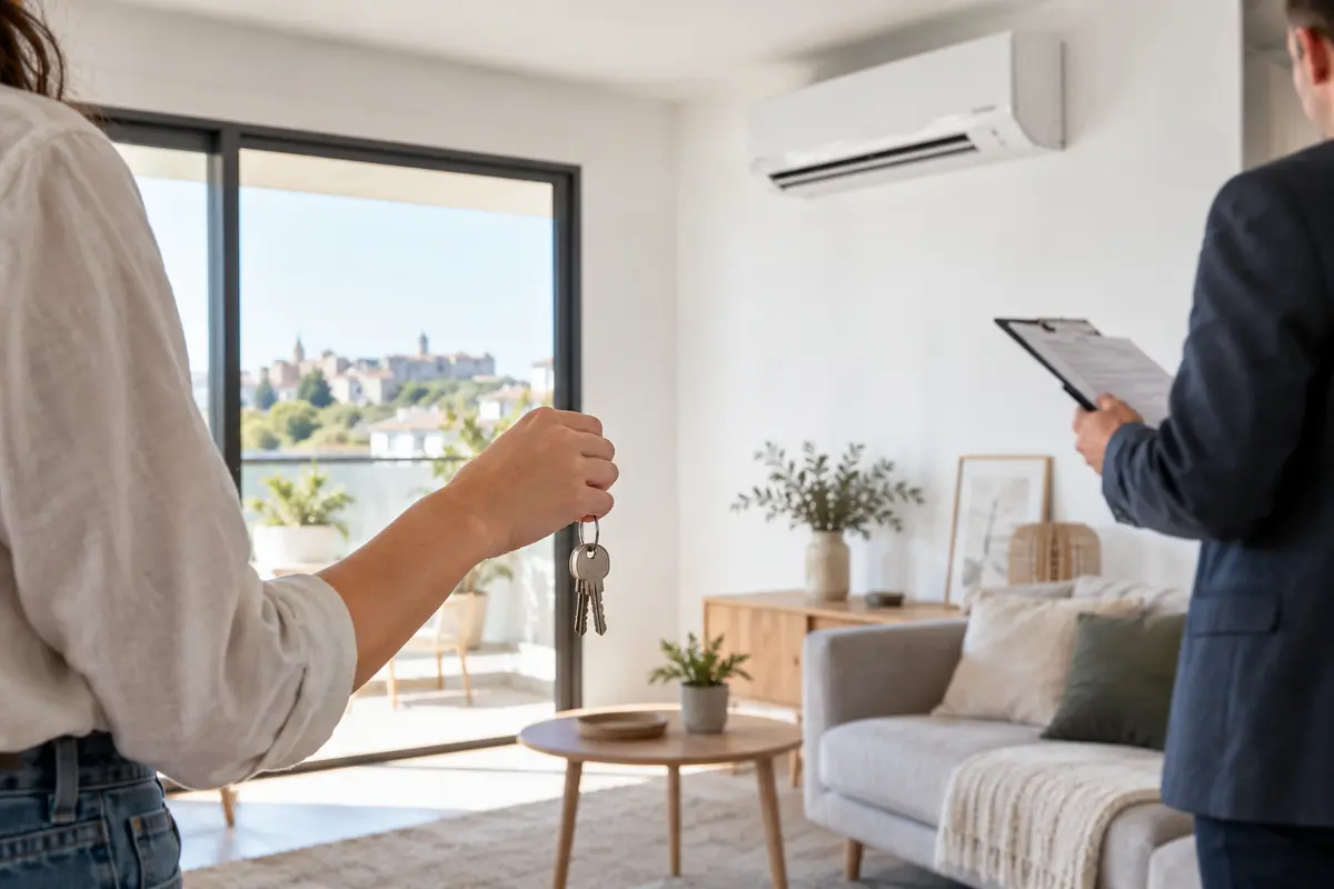Locataire et gestionnaire devant une climatisation dans un logement